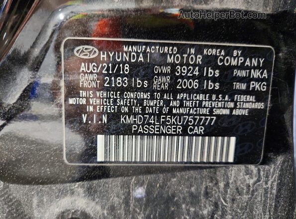 KMHD74LF5KU757777 2019 HYUNDAI ELANTRA Black VIN კოდის სტიკერის ხედი