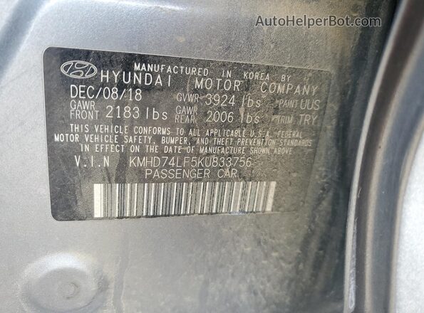 KMHD74LF5KU833756 2019 HYUNDAI ELANTRA Серебряный Вид наклейки с VIN-кодом