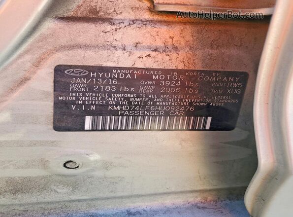 KMHD74LF6HU092476 2017 HYUNDAI ELANTRA Silver VIN კოდის სტიკერის ხედი
