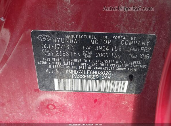 KMHD74LF6HU302011 2017 HYUNDAI ELANTRA Red Vista del compartimento del motor