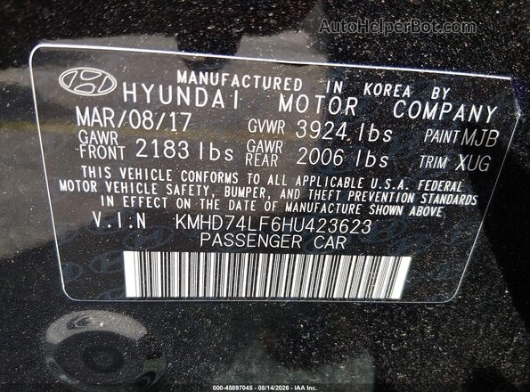 KMHD74LF6HU423623 2017 HYUNDAI ELANTRA Black Engine compartment view