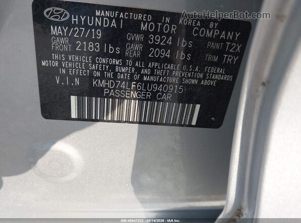 KMHD74LF6LU940915 2020 HYUNDAI ELANTRA Серебряный Вид подкапотного пространства