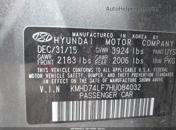 KMHD74LF7HU084032 2017 HYUNDAI ELANTRA Gray Widok komory silnika