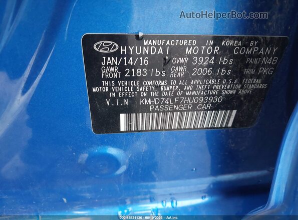 KMHD74LF7HU093930 2017 HYUNDAI ELANTRA Blue Вид підкапотного простору