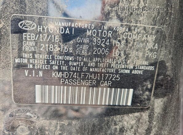 KMHD74LF7HU117725 2017 HYUNDAI ELANTRA Black Vista de la etiqueta del VIN