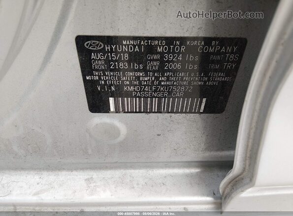 KMHD74LF7KU752872 2019 HYUNDAI ELANTRA Silver Vista del compartimento del motor