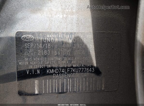KMHD74LF7KU777643 2019 HYUNDAI ELANTRA  ძრავის განყოფილების ხედი