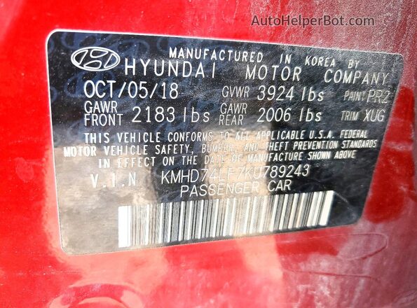 KMHD74LF7KU789243 2019 HYUNDAI ELANTRA Red VIN კოდის სტიკერის ხედი