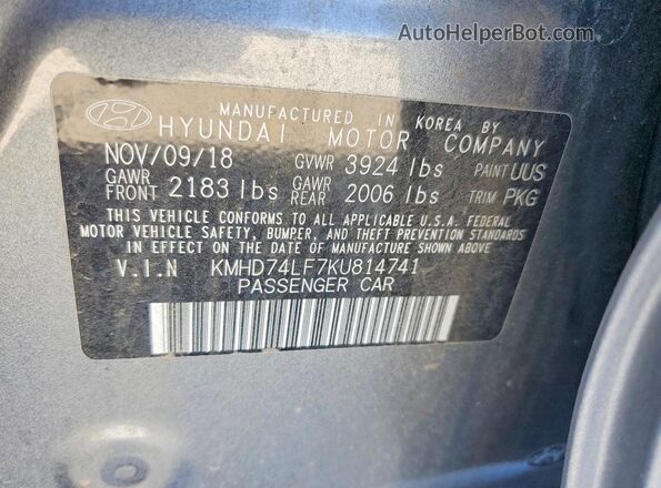 KMHD74LF7KU814741 2019 HYUNDAI ELANTRA Gray ძრავის განყოფილების ხედი