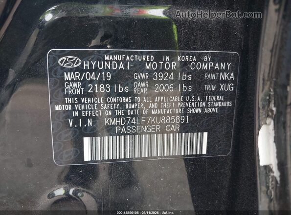 KMHD74LF7KU885891 2019 HYUNDAI ELANTRA Black Engine compartment view