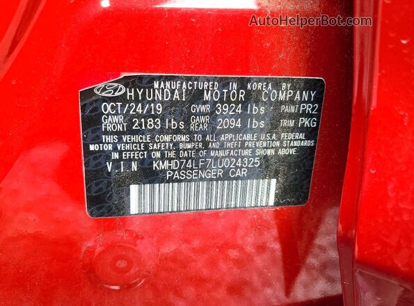 KMHD74LF7LU024325 2020 HYUNDAI ELANTRA Red Engine compartment view