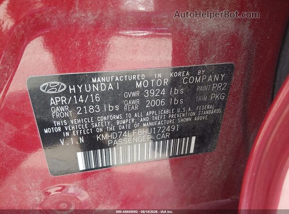 KMHD74LF8HU172491 2017 HYUNDAI ELANTRA Red ძრავის განყოფილების ხედი