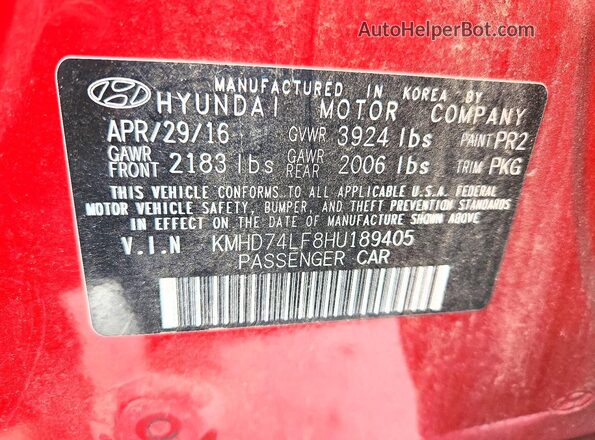 KMHD74LF8HU189405 2017 HYUNDAI ELANTRA Red ძრავის განყოფილების ხედი