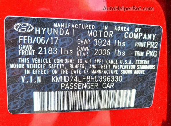KMHD74LF8HU396330 2017 HYUNDAI ELANTRA Red VIN კოდის სტიკერის ხედი