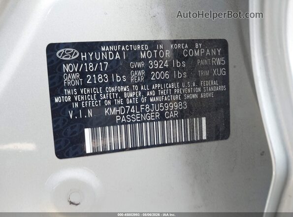 KMHD74LF8JU599983 2018 HYUNDAI ELANTRA Champagne Շարժիչի բաժամունքի տեսք