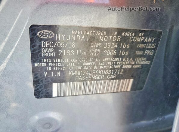 KMHD74LF8KU831712 2019 HYUNDAI ELANTRA Gray Vista del compartimento del motor