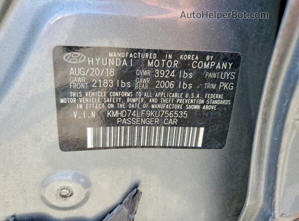 KMHD74LF9KU756535 2019 HYUNDAI ELANTRA Серый Вид подкапотного пространства