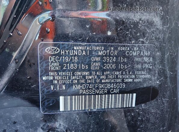 KMHD74LF9KU846039 2019 HYUNDAI ELANTRA Black Engine compartment view