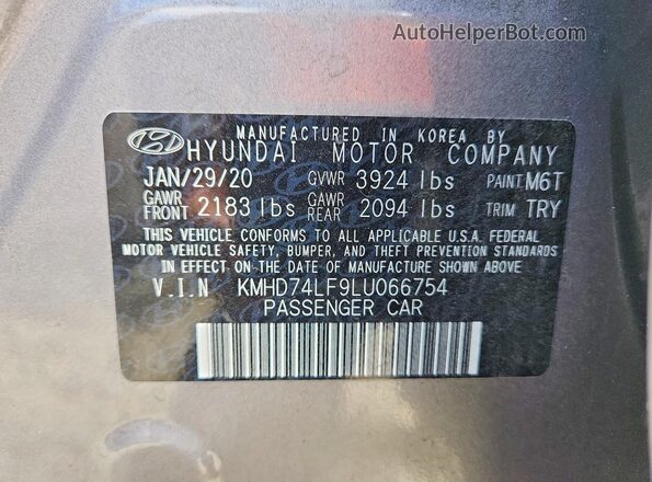 KMHD74LF9LU066754 2020 HYUNDAI ELANTRA Gray VIN sticker view