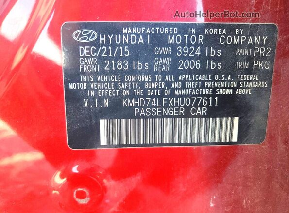 KMHD74LFXHU077611 2017 HYUNDAI ELANTRA Темно-бордовый Вид наклейки с VIN-кодом