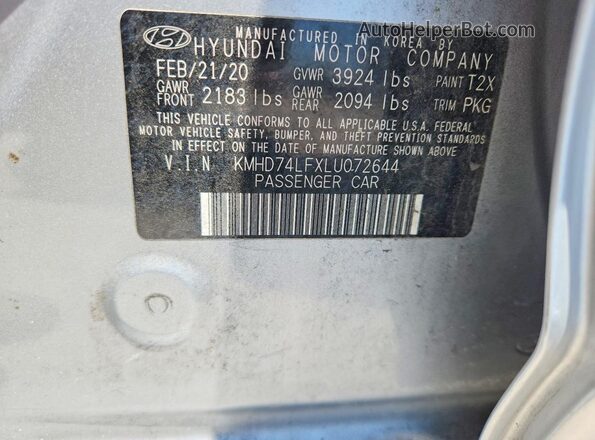 KMHD74LFXLU072644 2020 HYUNDAI ELANTRA White Engine compartment view