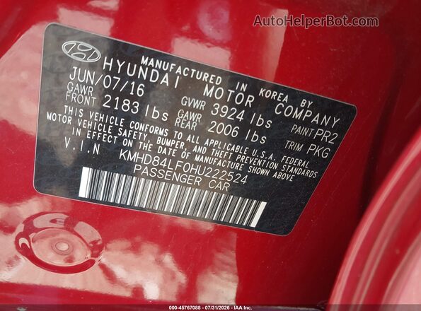 KMHD84LF0HU222524 2017 HYUNDAI ELANTRA Red Vista del compartimento del motor