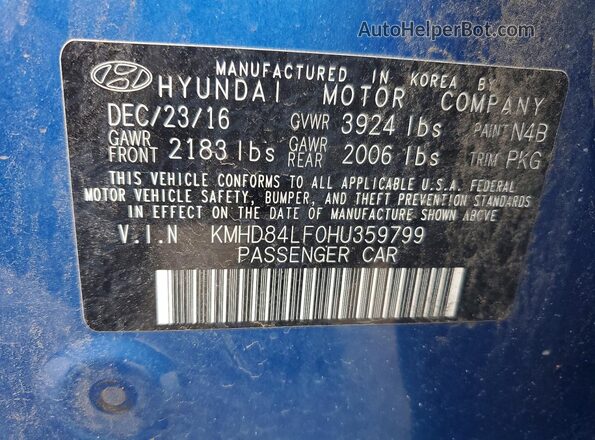 KMHD84LF0HU359799 2017 HYUNDAI ELANTRA Blue Շարժիչի բաժամունքի տեսք