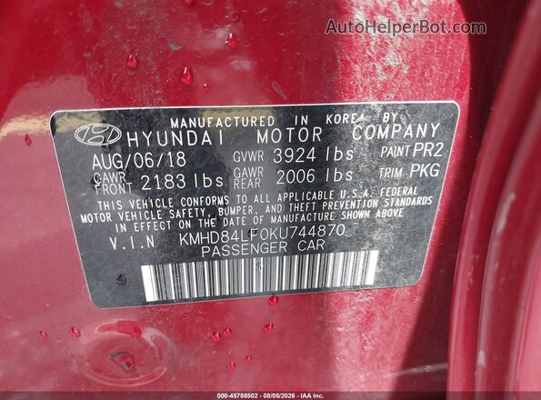 KMHD84LF0KU744870 2019 HYUNDAI ELANTRA Red Engine compartment view
