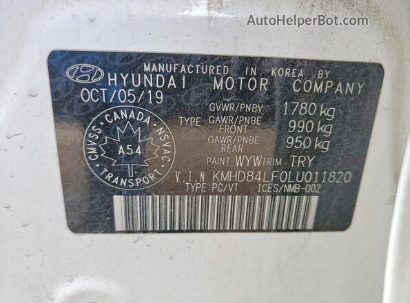 KMHD84LF0LU011820 2020 HYUNDAI ELANTRA White Вид наклейки з VIN-кодом