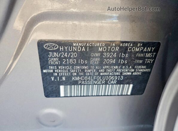 KMHD84LF0LU106913 2020 HYUNDAI ELANTRA Gray Շարժիչի բաժամունքի տեսք