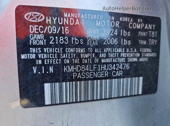 KMHD84LF1HU342476 2017 HYUNDAI ELANTRA Silver VIN կոդի պիտակի տեսք