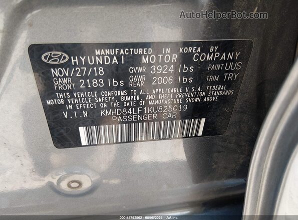 KMHD84LF1KU825019 2019 HYUNDAI ELANTRA Silver Vista del compartimento del motor