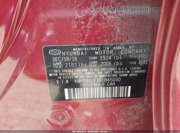 KMHD84LF1KU845030 2019 HYUNDAI ELANTRA Red Engine compartment view