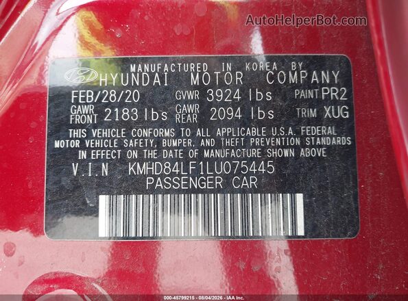 KMHD84LF1LU075445 2020 HYUNDAI ELANTRA Красный Вид подкапотного пространства
