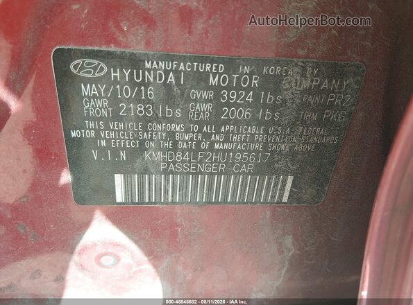 KMHD84LF2HU195617 2017 HYUNDAI ELANTRA Red ძრავის განყოფილების ხედი