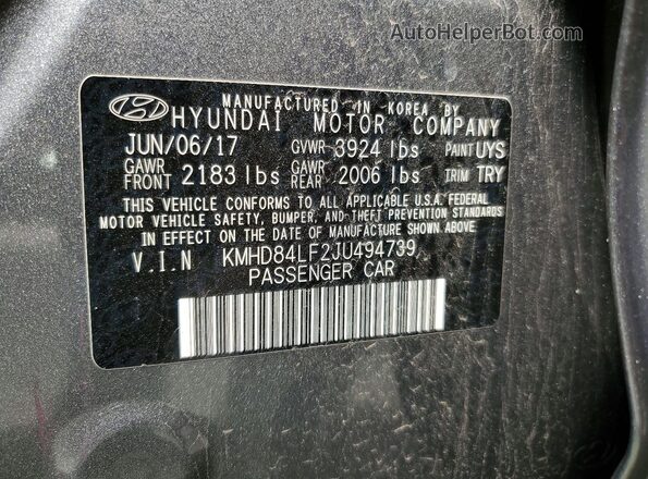 KMHD84LF2JU494739 2018 HYUNDAI ELANTRA Серый Вид наклейки с VIN-кодом