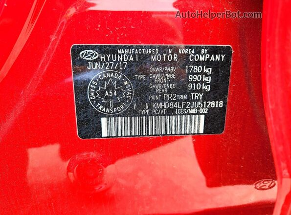 KMHD84LF2JU512818 2018 HYUNDAI ELANTRA Red Widok komory silnika