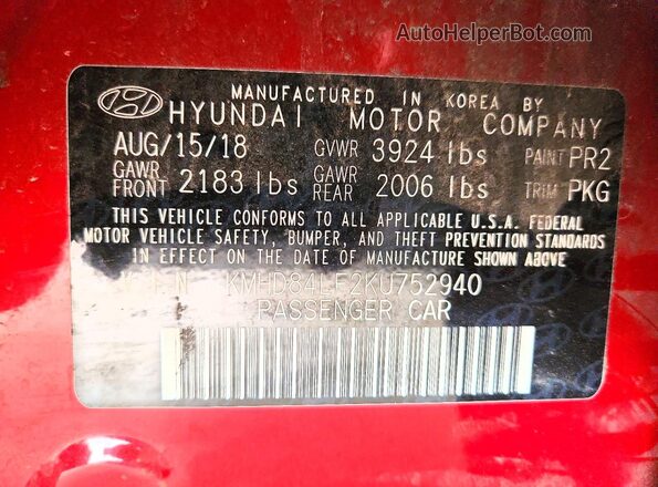 KMHD84LF2KU752940 2019 HYUNDAI ELANTRA Красный Вид подкапотного пространства