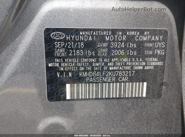 KMHD84LF2KU783217 2019 HYUNDAI ELANTRA Gray Vista del compartimento del motor