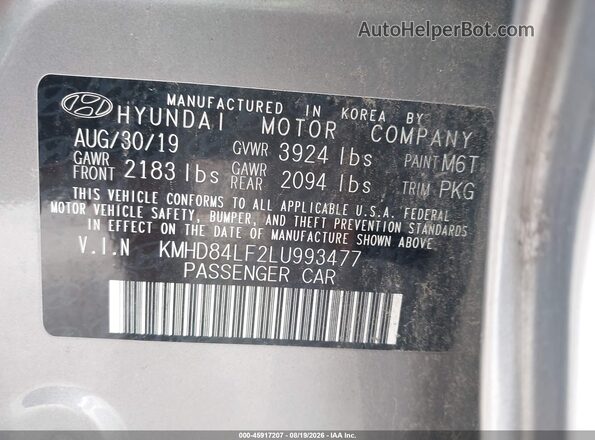 KMHD84LF2LU993477 2020 HYUNDAI ELANTRA Gray Engine compartment view
