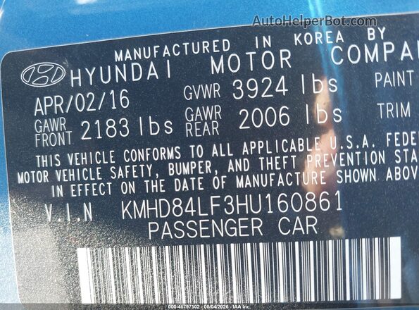 KMHD84LF3HU160861 2017 HYUNDAI ELANTRA Blue Շարժիչի բաժամունքի տեսք