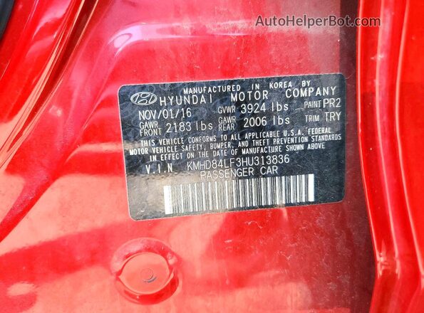 KMHD84LF3HU313836 2017 HYUNDAI ELANTRA Красный Вид наклейки с VIN-кодом