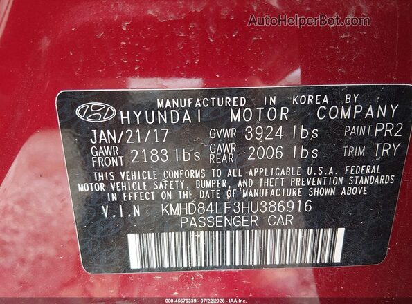 KMHD84LF3HU386916 2017 HYUNDAI ELANTRA Red Вид підкапотного простору