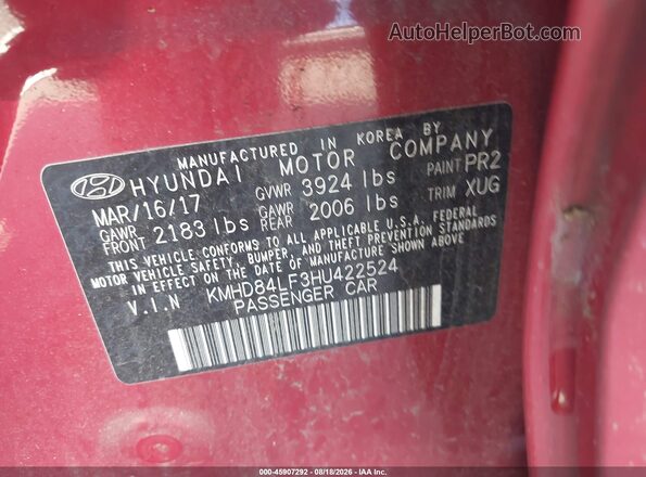 KMHD84LF3HU422524 2017 HYUNDAI ELANTRA Red ძრავის განყოფილების ხედი