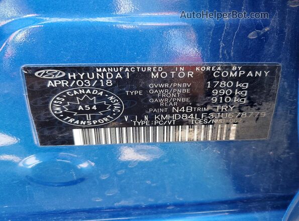 KMHD84LF3JU678779 2018 HYUNDAI ELANTRA Blue Շարժիչի բաժամունքի տեսք