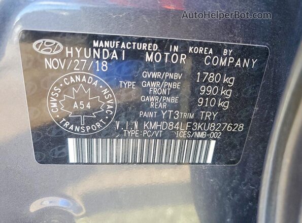 KMHD84LF3KU827628 2019 HYUNDAI ELANTRA Gray VIN կոդի պիտակի տեսք