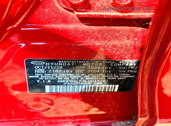 KMHD84LF3LU015781 2020 HYUNDAI ELANTRA Red Engine compartment view