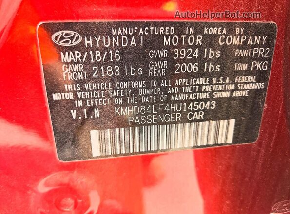 KMHD84LF4HU145043 2017 HYUNDAI ELANTRA Красный Вид подкапотного пространства
