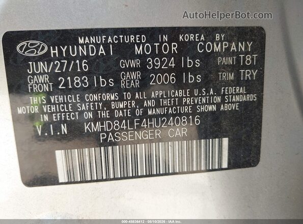 KMHD84LF4HU240816 2017 HYUNDAI ELANTRA Silver Շարժիչի բաժամունքի տեսք