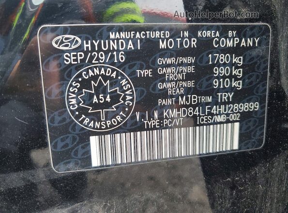 KMHD84LF4HU289899 2017 HYUNDAI ELANTRA Black Widok naklejki z numerem VIN
